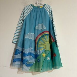 Mini Boden Jersey Tulle Scene Dress Rainbow Clouds Weather Sun Waves 7-8 Years